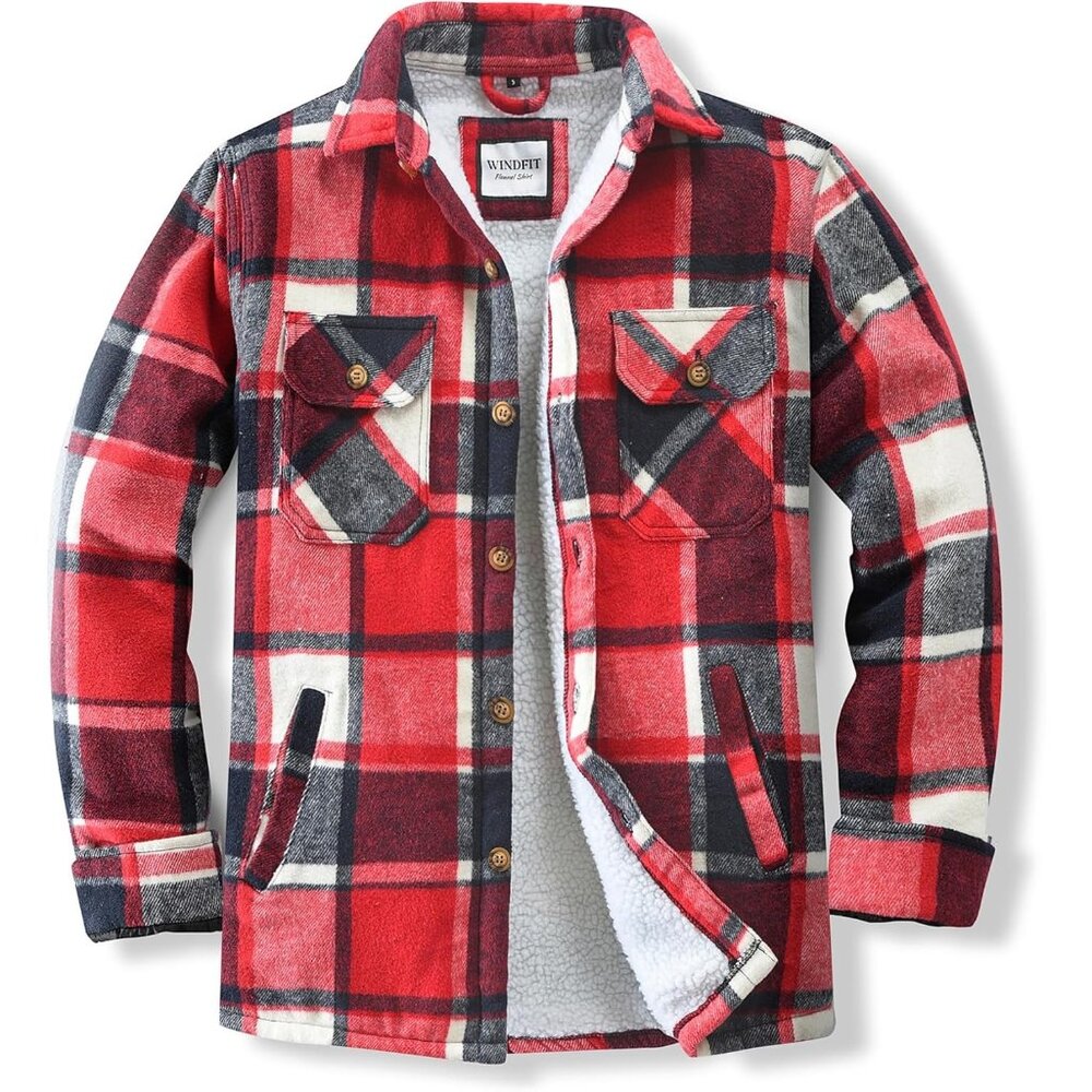 Men's Red Cotton Sherpa Lined Button Down Flannel Shirt Jacket Plaid Soft .